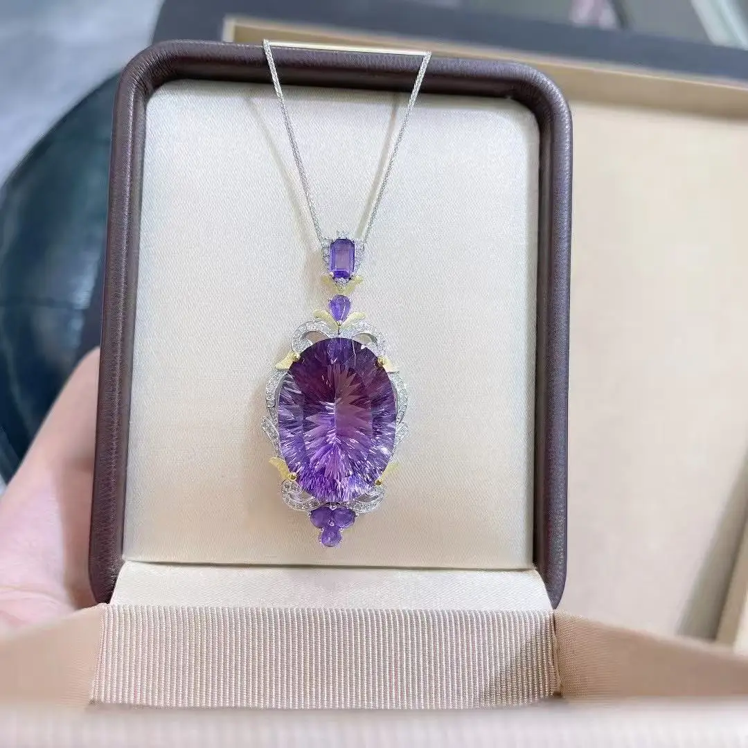 Two-Tone Amethyst Pendant 18x25mm Large, S925 Silver Niche Design Big Gemstone （no Chain)