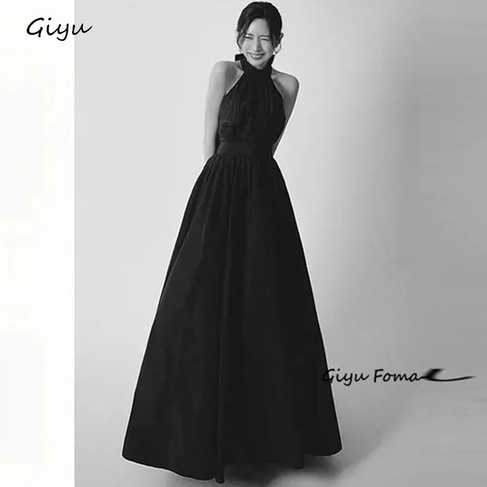 

Giyu Simple A-line Korea Wedding Dress Photoshoot Black Halter Draped Floor-length Evening Gown Dress Graduation dresses