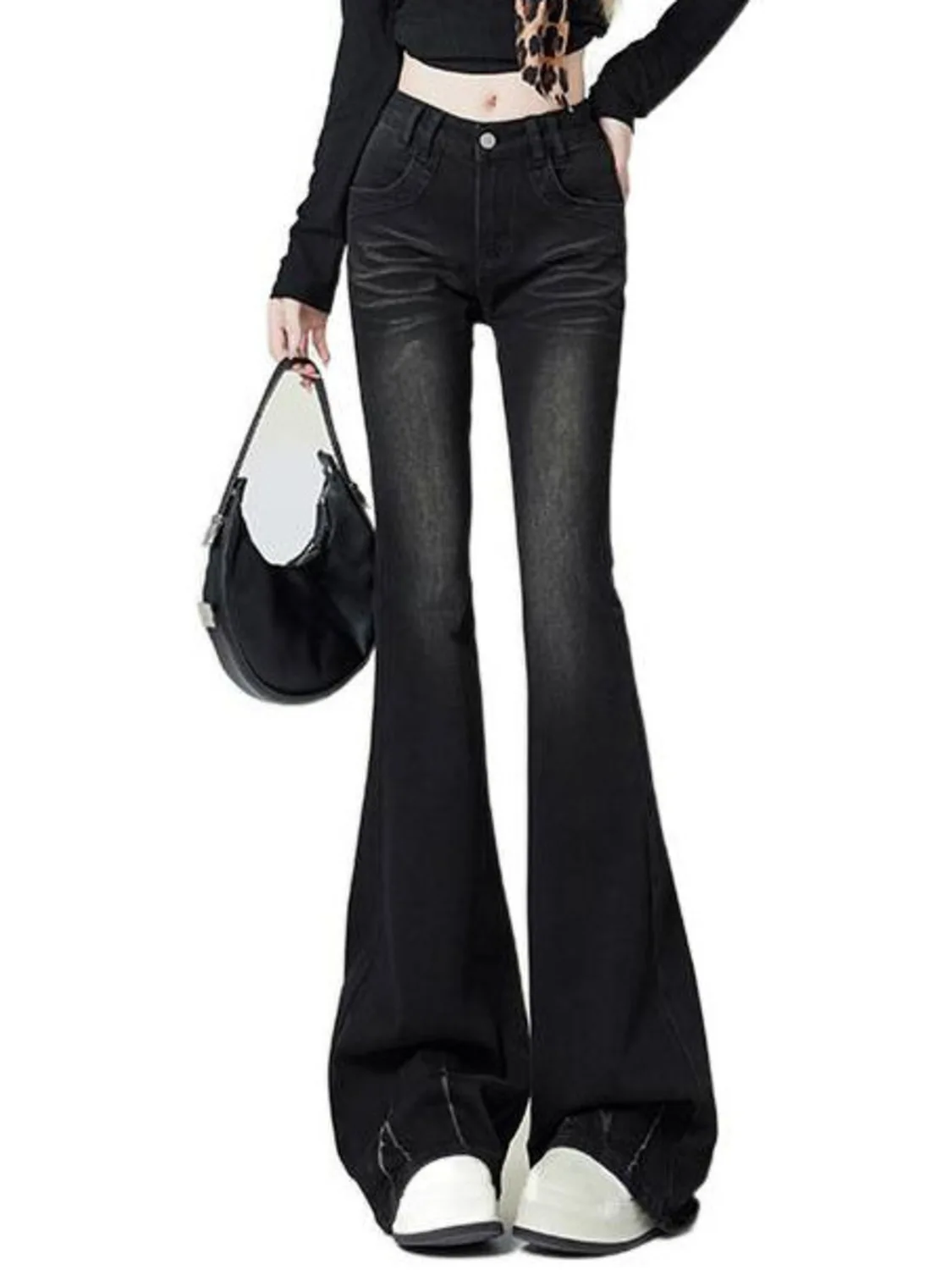 Women's Vintage Washed Black Flare Jeans High Waist Bootcut Denim Pants Split Hem Retro Style