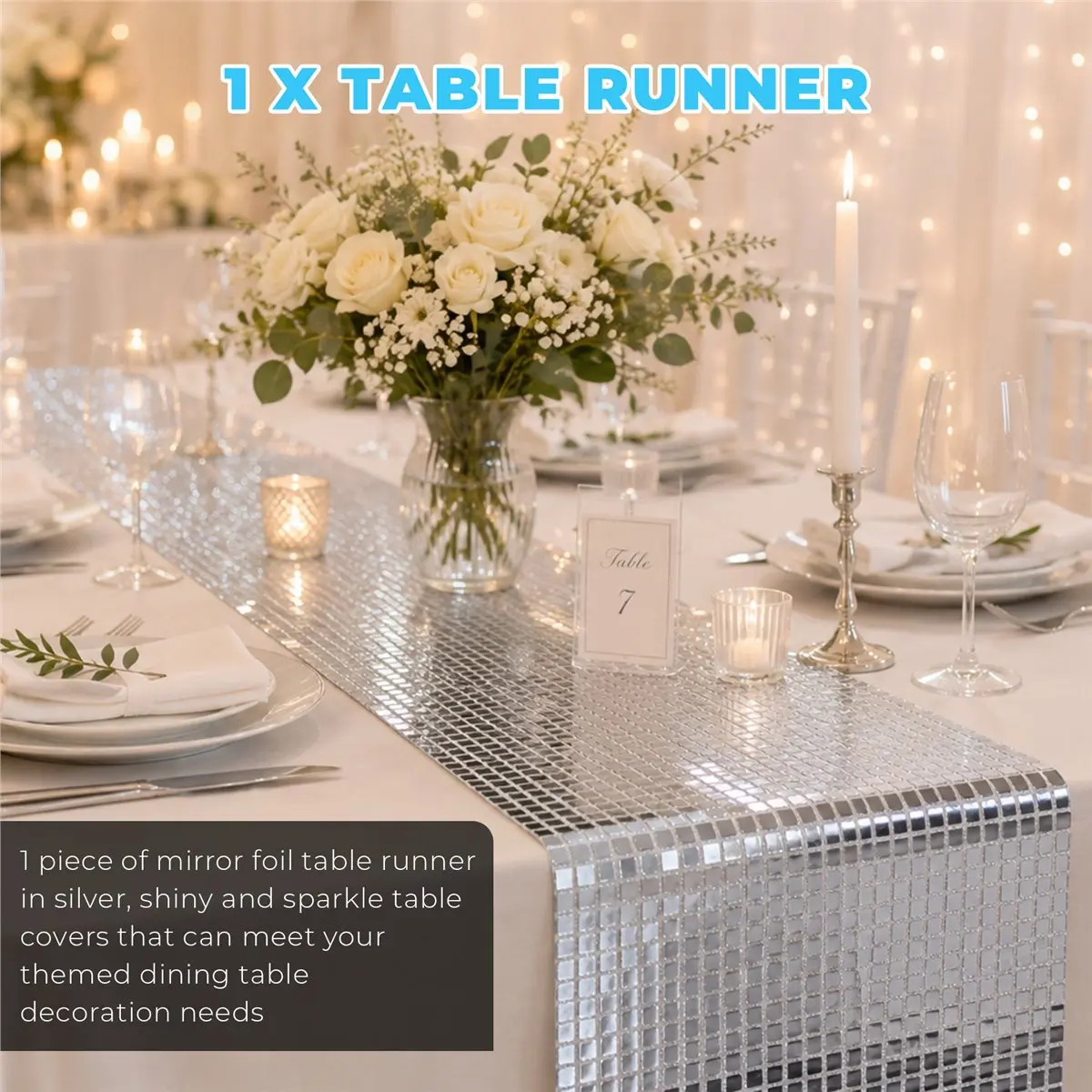 AA10RR Disco Party Table Runner Mirror Silver Foil Table Runner Glitter Metallic Table Cover for Disco Dance Party Wedding