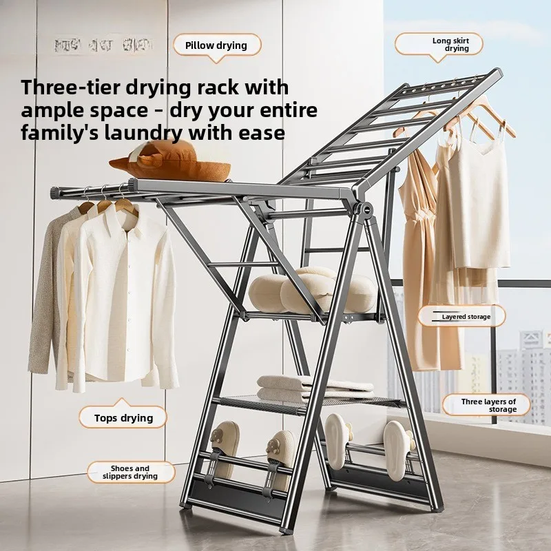 Folding drying rack balcony household aluminum alloy floor drying quilt outdoor hanging clothes rack artifact