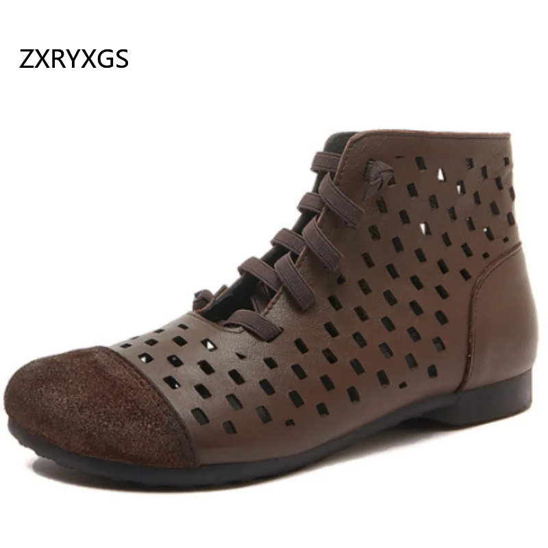 

ZXRYXGS Classic Rereo High Quality Genuine Leather Shoes Hollow Boots Breathable Sandals 2025 Summer Cool Boots Women Flat Boots