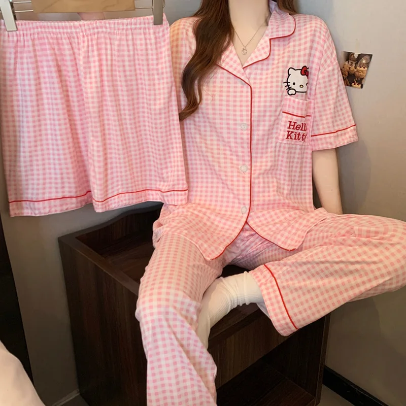 HelloKitty Conjunto de pijama para mujer de manga corta 3 piezas Primavera Verano Ropa para el hogar Suelta Cómoda
