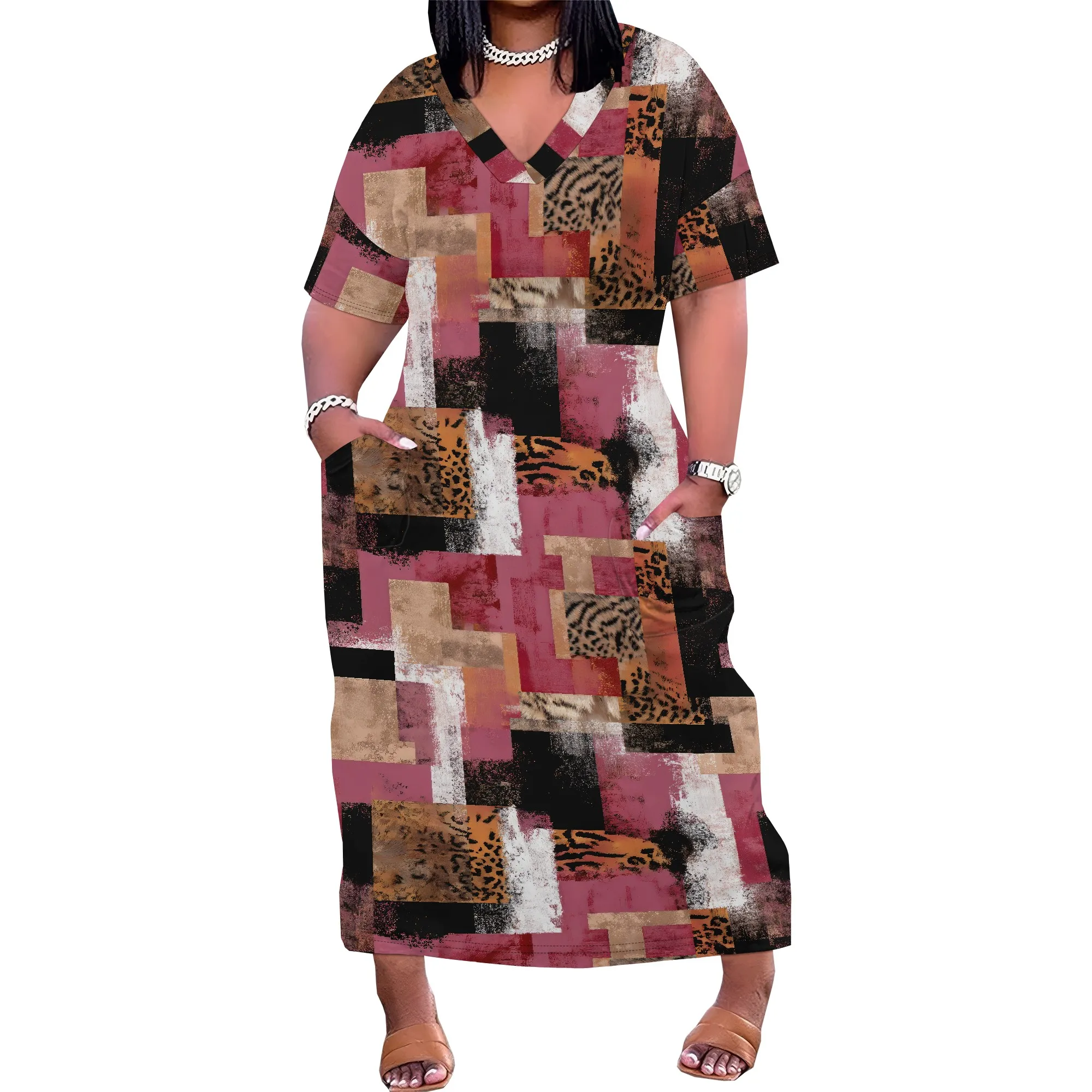 

Women's Plus Size African Print Dresses Casual Loose Pocket Short Sleeve Long Maxi Dress