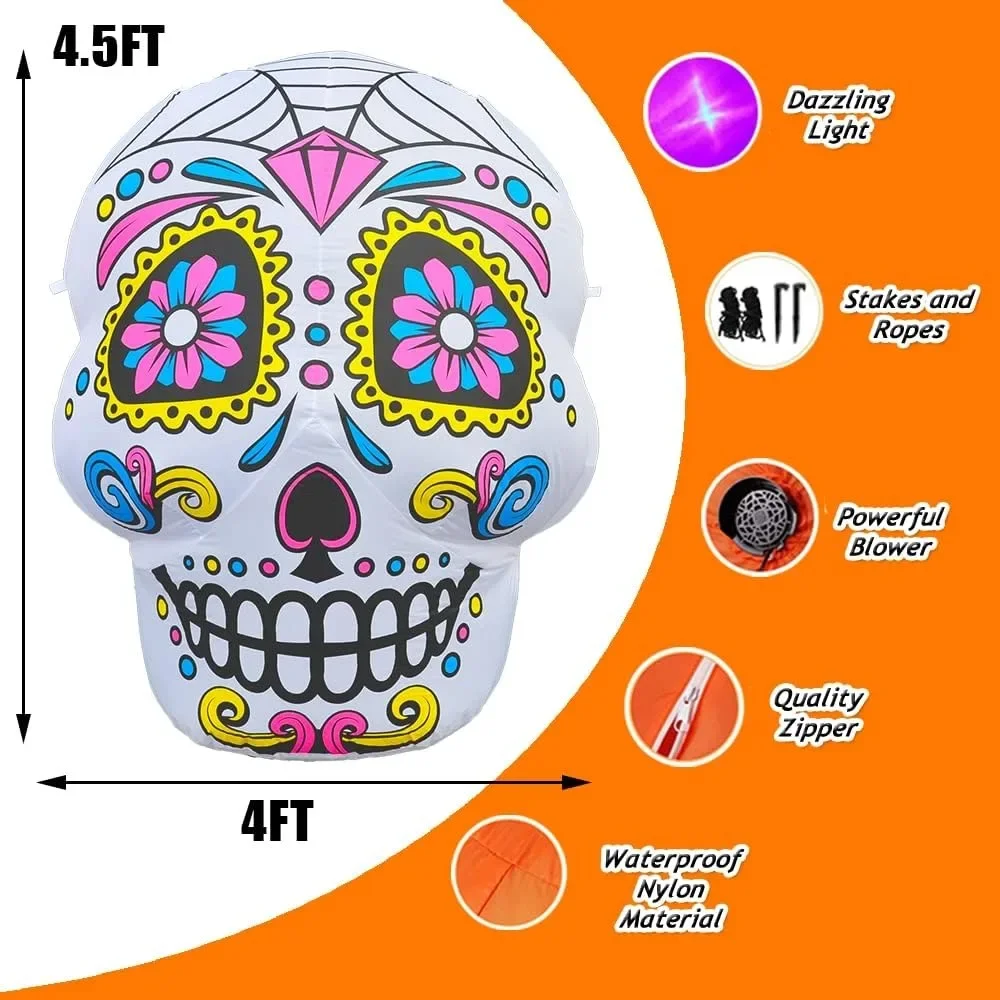 4.5 Ft LED Inflatable Halloween Sugar Skull Decoration Blown Up Decorfor Lawn Yard Garden Indoor Outdoor Home Party Holiday