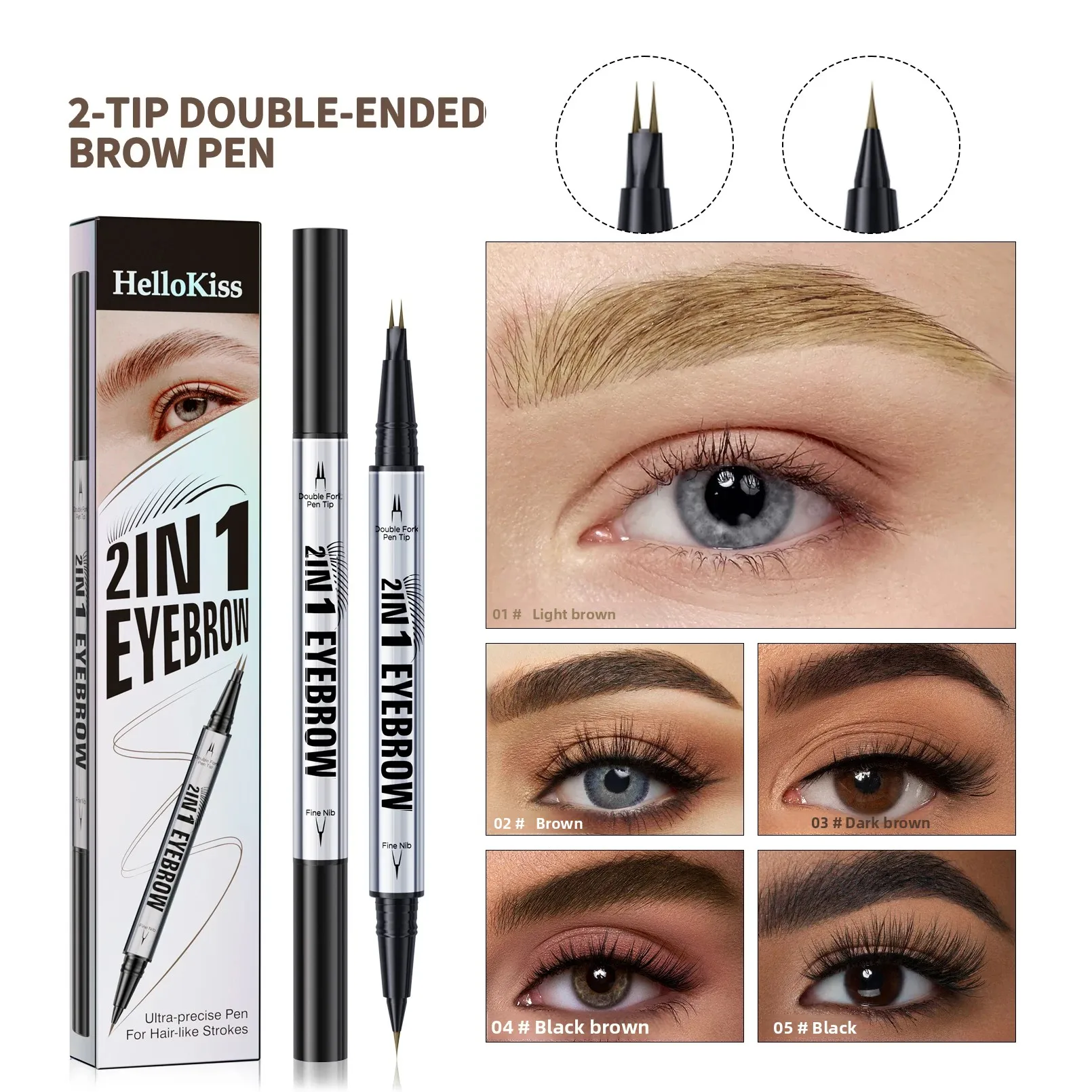 Waterproof Sweat-Proof Double-Ended Brow Pencil 2-in-1 Natural Look Eyebrow Definition Fill & Shape Long-Lasting