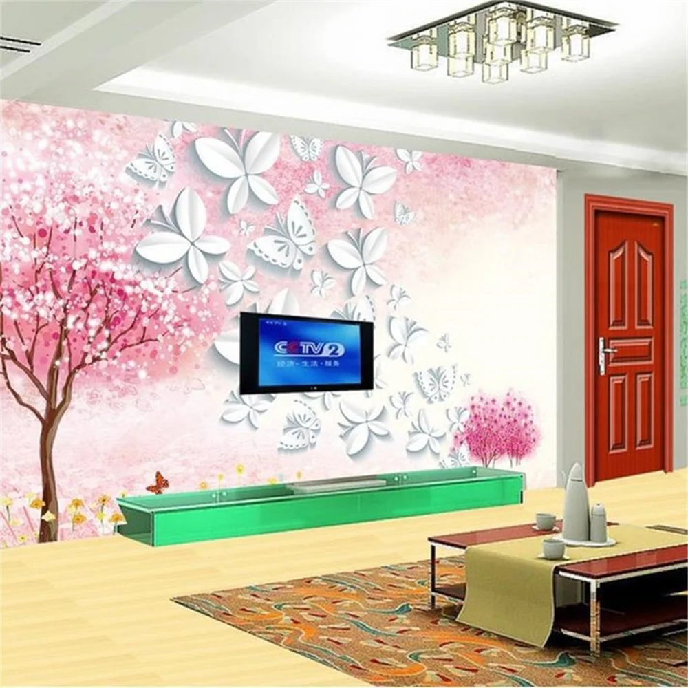 3D TV Backdrop Wall Murals Custom Non-Woven Green Leaf Lily Butterfly Design Photo Realistic 3D Wall Mural Paper for Room Decor
