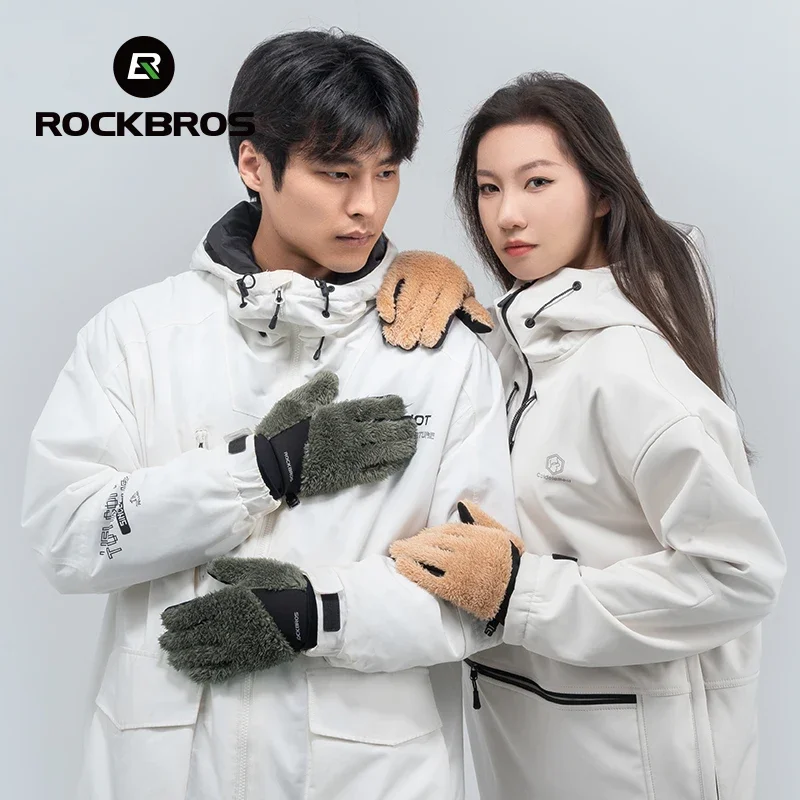 ROCKBROS Autumn Winter Ski Gloves Warm Windproof Cycling Gloves MTB Snowboard Driving Fleece Outdoor Sport Gloves Men Women