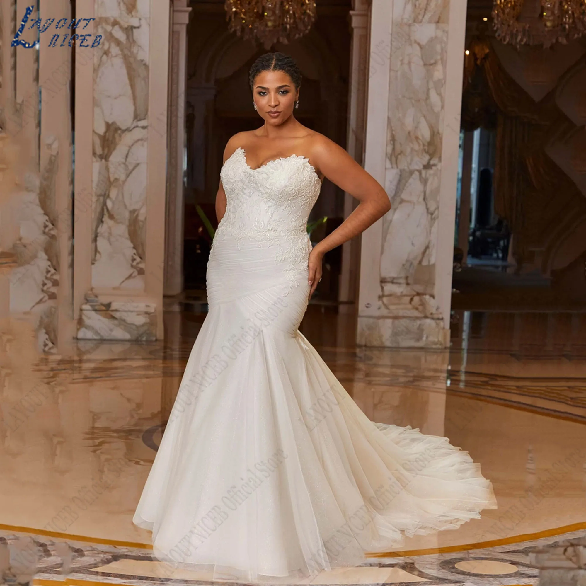 LAY-OUT NICEB Oversize Sweetheart Trouwjurken Zeemeermin Off Schouder Tule Bruid Toga Backless Applicaties Vestido De Casamento