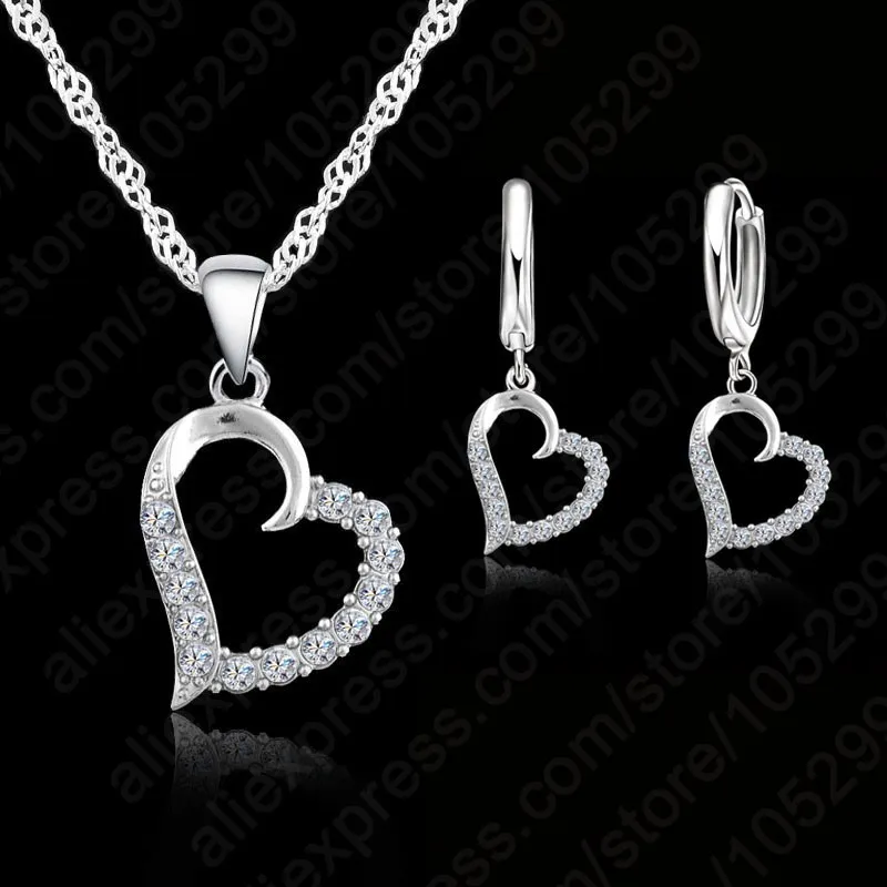 Geburtstag Valentinstag Geschenk kubischen Zirkon Herz Anhänger Schmuck Set Sterling Silber Farbe Halskette Ohrring Frauen Hochzeit Sets