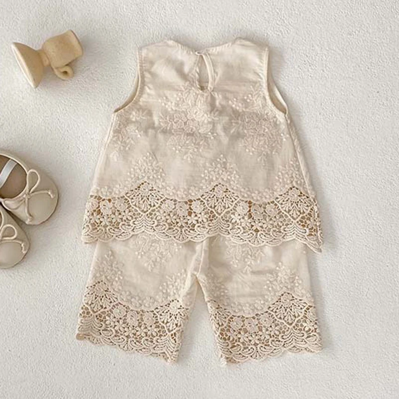 2024 New Summer Korean Style Children Clothes Suit Sleeveless Cotton Embroidered Vest+Pants Infant Baby Girls Clothing Set