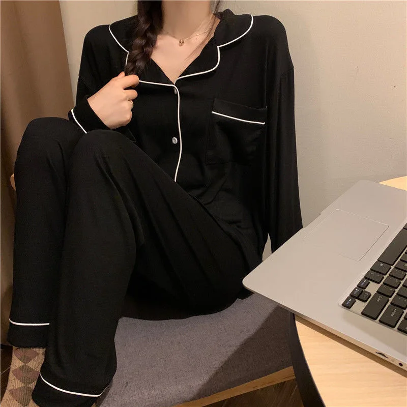 Pijamas negros para mujer, conjunto de pantalones de manga larga, suave y cómodo, con encaje de Instagram, versión coreana, Otoño e Invierno