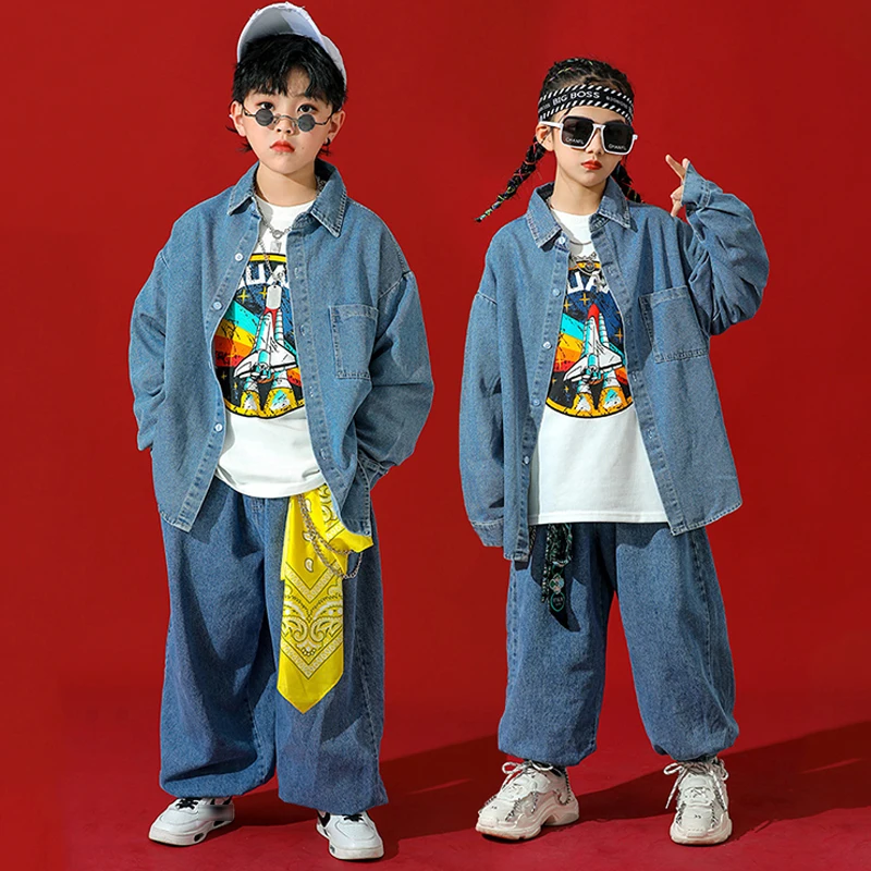 

Children Denim Suit Loose Hip Hop Dance Clothes For Kids Boys Casual Wear Modern Street Dance Clothing Girls Rave Clothes BL7803