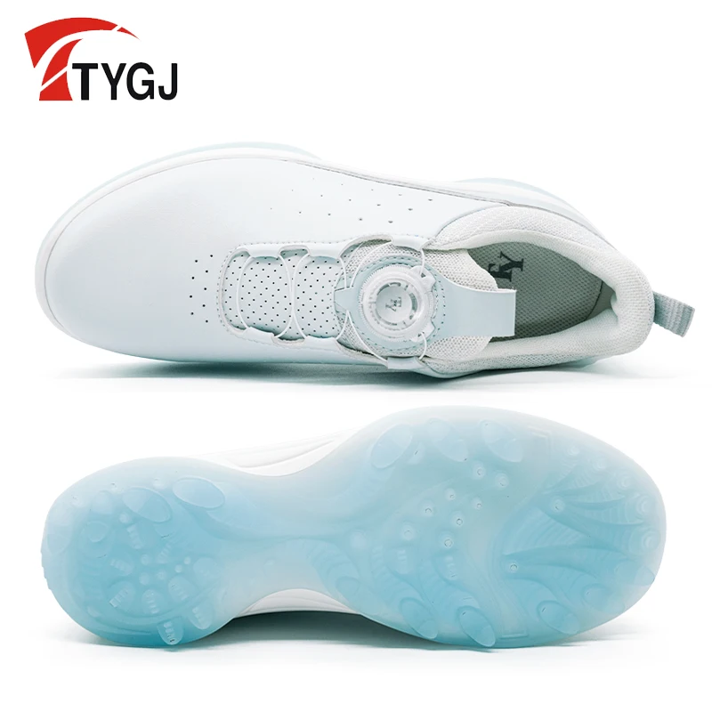 TTYGJ-Sapatos de golfe spikeless com cadarços de botão rotativo para mulheres, impermeável, respirável, ao ar livre, branco, esporte, calçado de