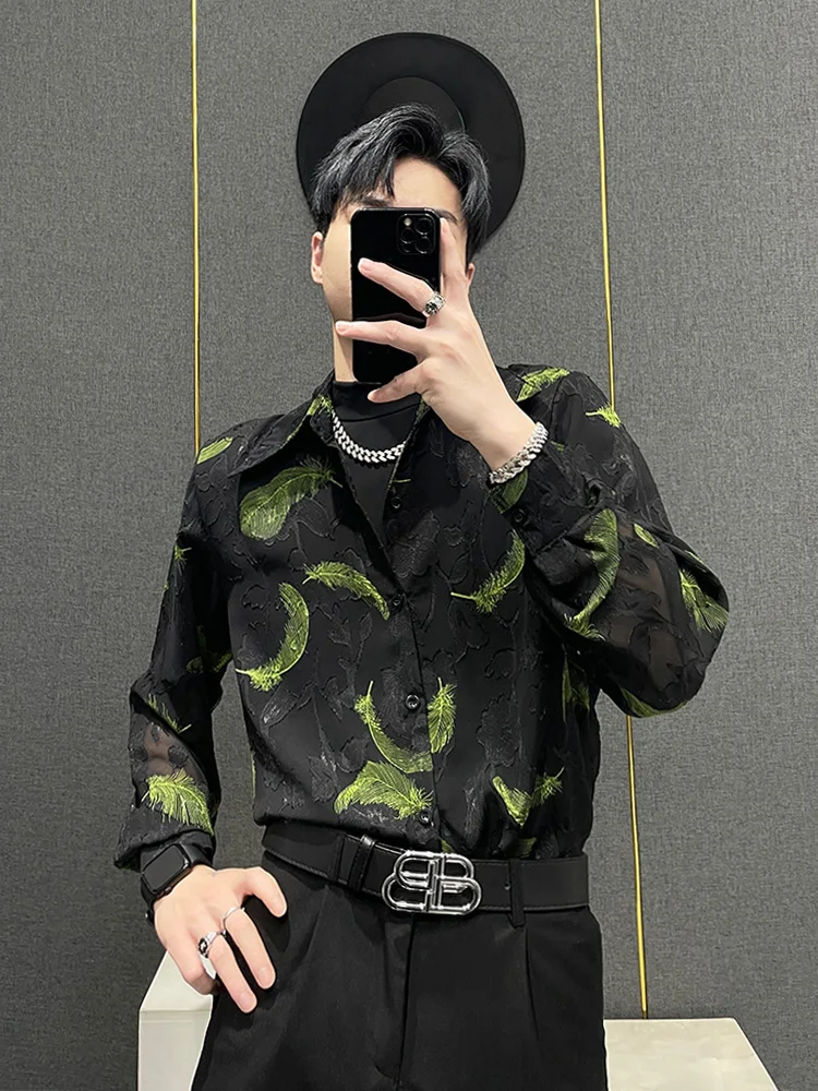 

Retro Men's Long Sve Feather irt Summer New Design Sensation Small Cro Sunscreen Top Thin Ice Silk Floral Print Loose Fit