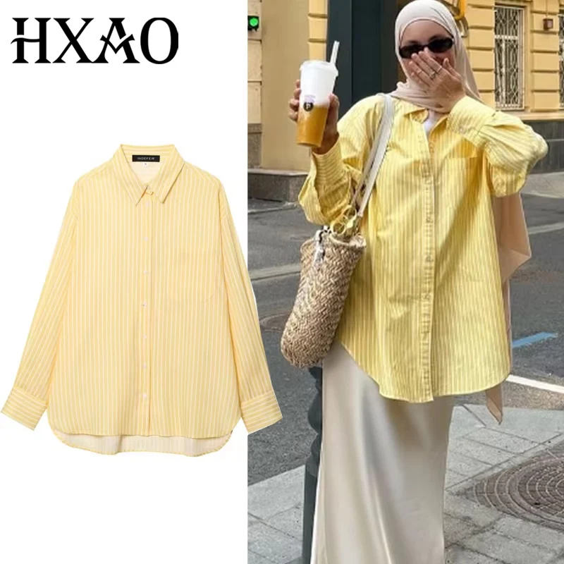 HXAO Streifen-Damenhemd, neue Langarm-Shirts, Frau, 2025, Frühling, Sommer, einfarbig, Button-Up-Hemden, lässig, Leinen, große Tops 088