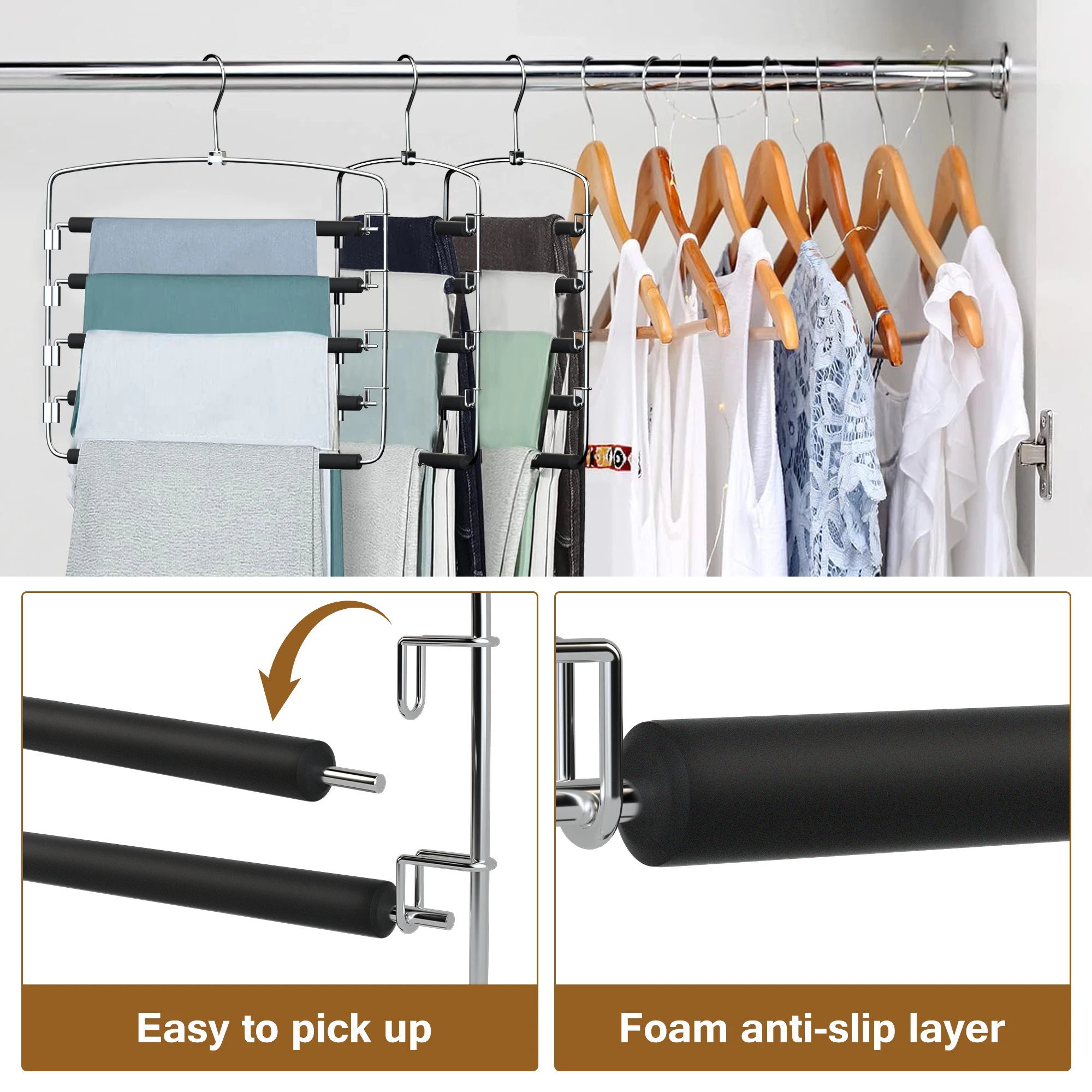 Multi-Layer Stainless Steels Movable Hangers Shelves Organizer Space Saver Closet Hanger Rack Pant Clothes Function Hanger