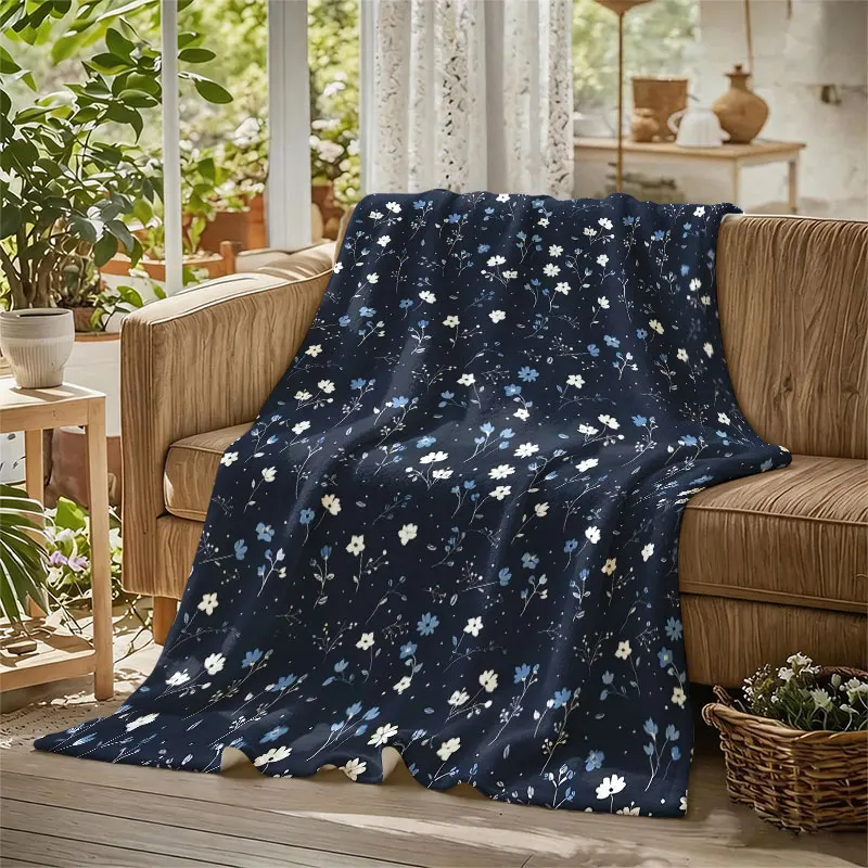 Navy Tiny Wildflower Flannel Blanket Warm Soft Halloween Christmas Decorative Couch Warm Cozy All-Season Gift