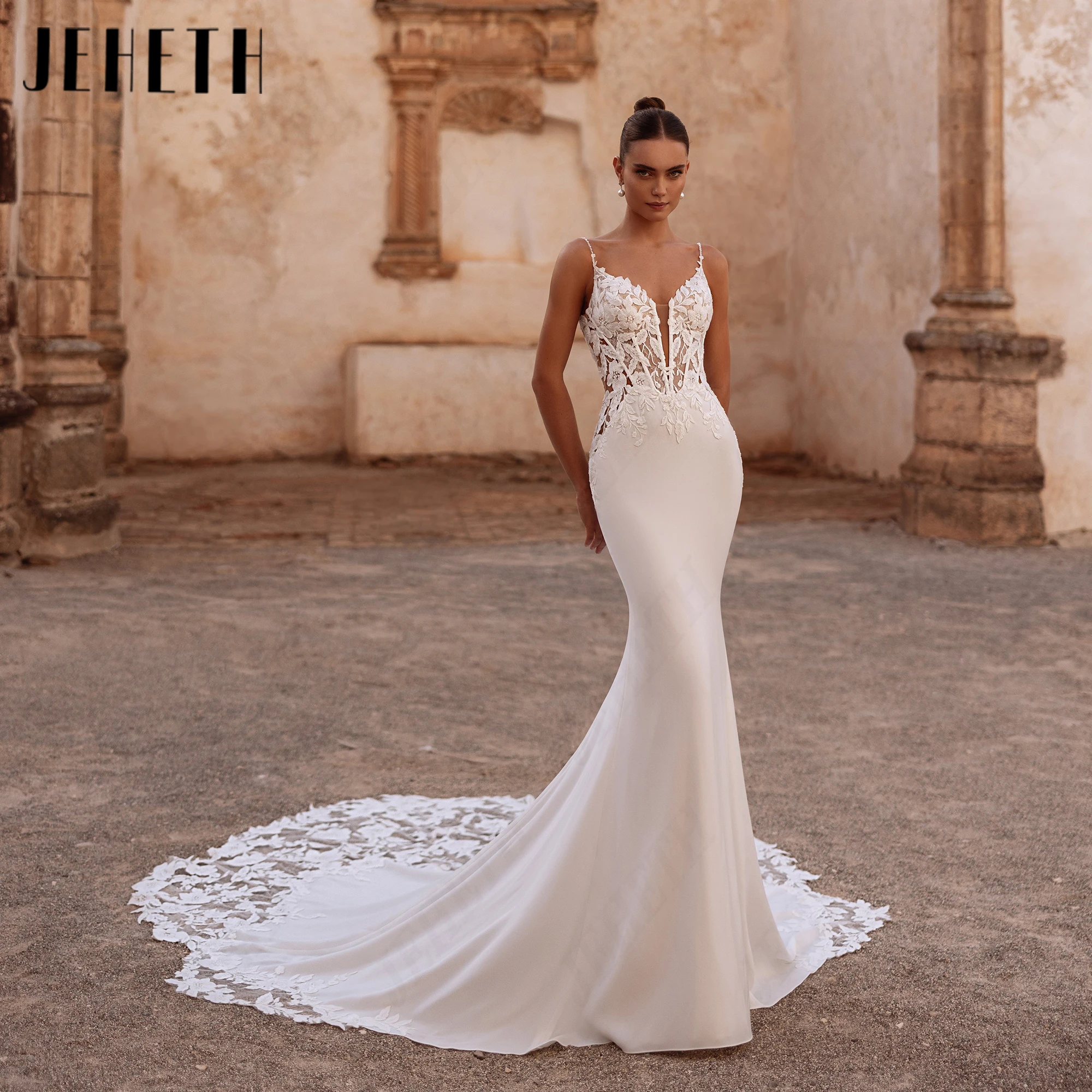 JEHETH Mermaid V-Neck Wedding Dress Customized Satin Spaghetti Strap Bridal Dresses Elegant Lace Appliques Bride Gowns