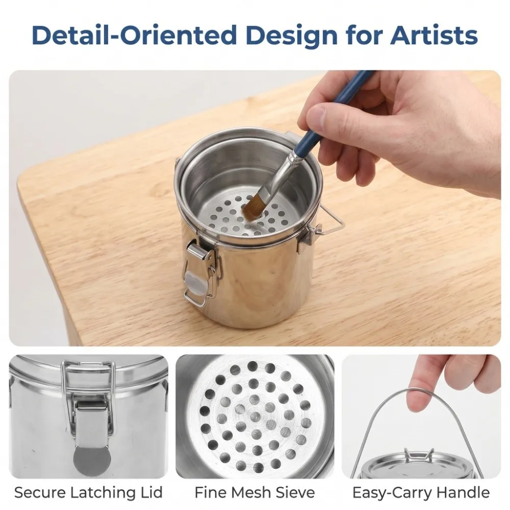 Small Size Paint Brush Washer Stainless Steel with Practical Handle Strainer Oil Painting Cleaning Pot Rust-proof Surface