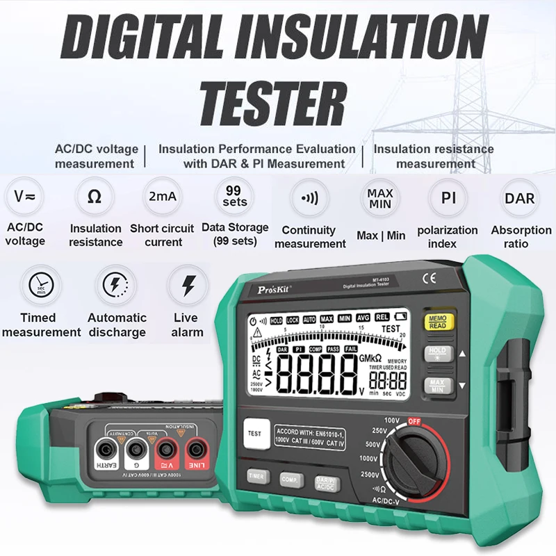 Pro'skit MT-4103 Insulation Resistance Tester 2500V Megohmmeter 200GΩ Ohm Meter Digital Ohmmeter Electrical Megometer Auto Range