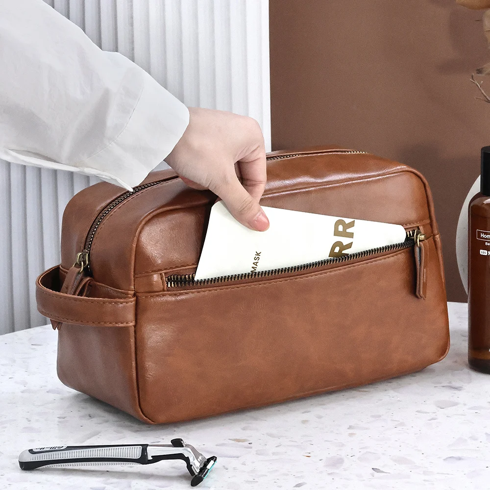 Leather Men Business Portable Storage Bag Toiletries Organizer Women Travel Cosmetic Bag Hanging Waterproof Wash Pouch Makeup