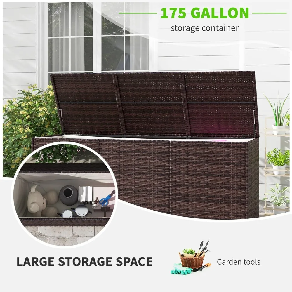 175 Gallon Outdoor Storage Box with Inner Liner, PE Rattan Wicker Deck Box with Pneumatic Bar Lift for Indoor & Outdoor