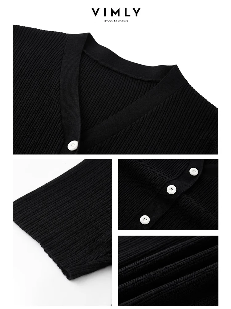 Vimly-Cardigan à Manches Courtes et Col en V pour Femme, Tricot Simple en Mélange de Laine, Noir, Solide, Haute Échelle, Printemps, Y-2024, 72895