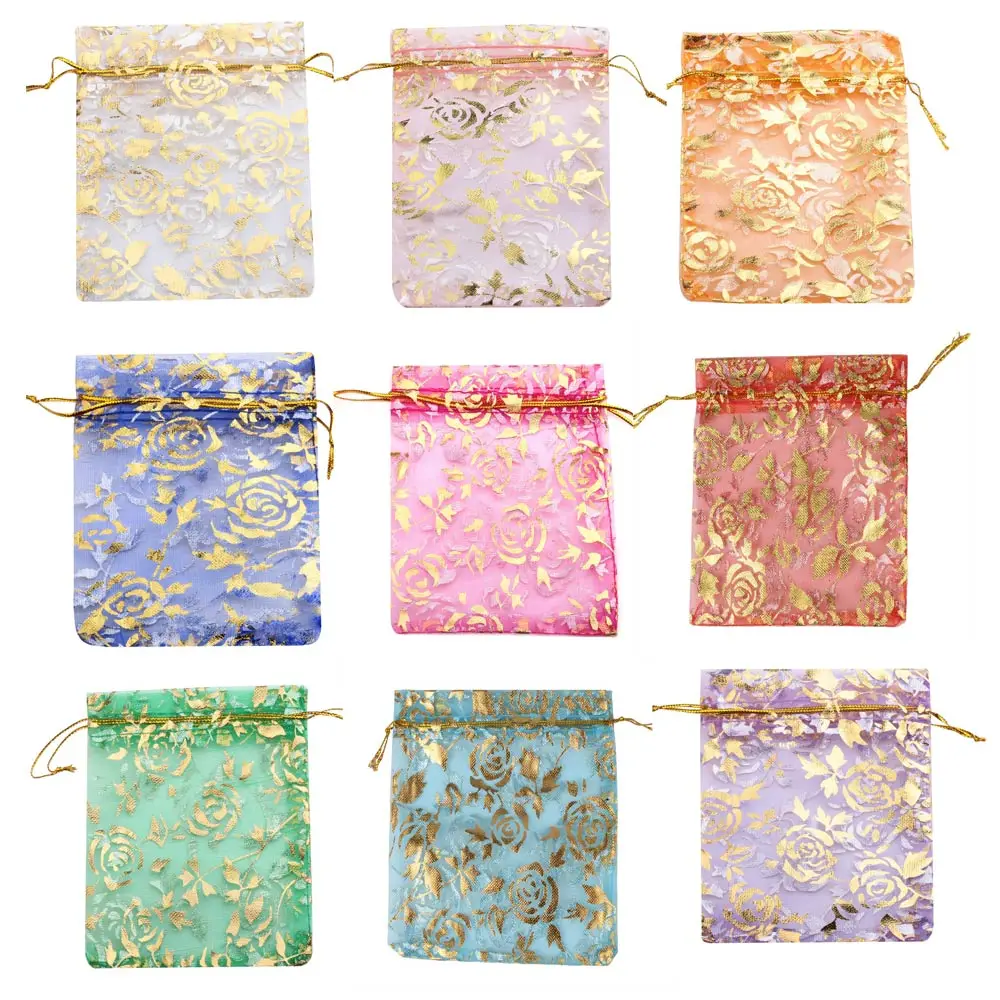 Bolsa de Organza con cordón, embalaje de joyería de caramelo, Color dorado, rosa, estampado colorido, regalos de boda, fiesta de Navidad, 50