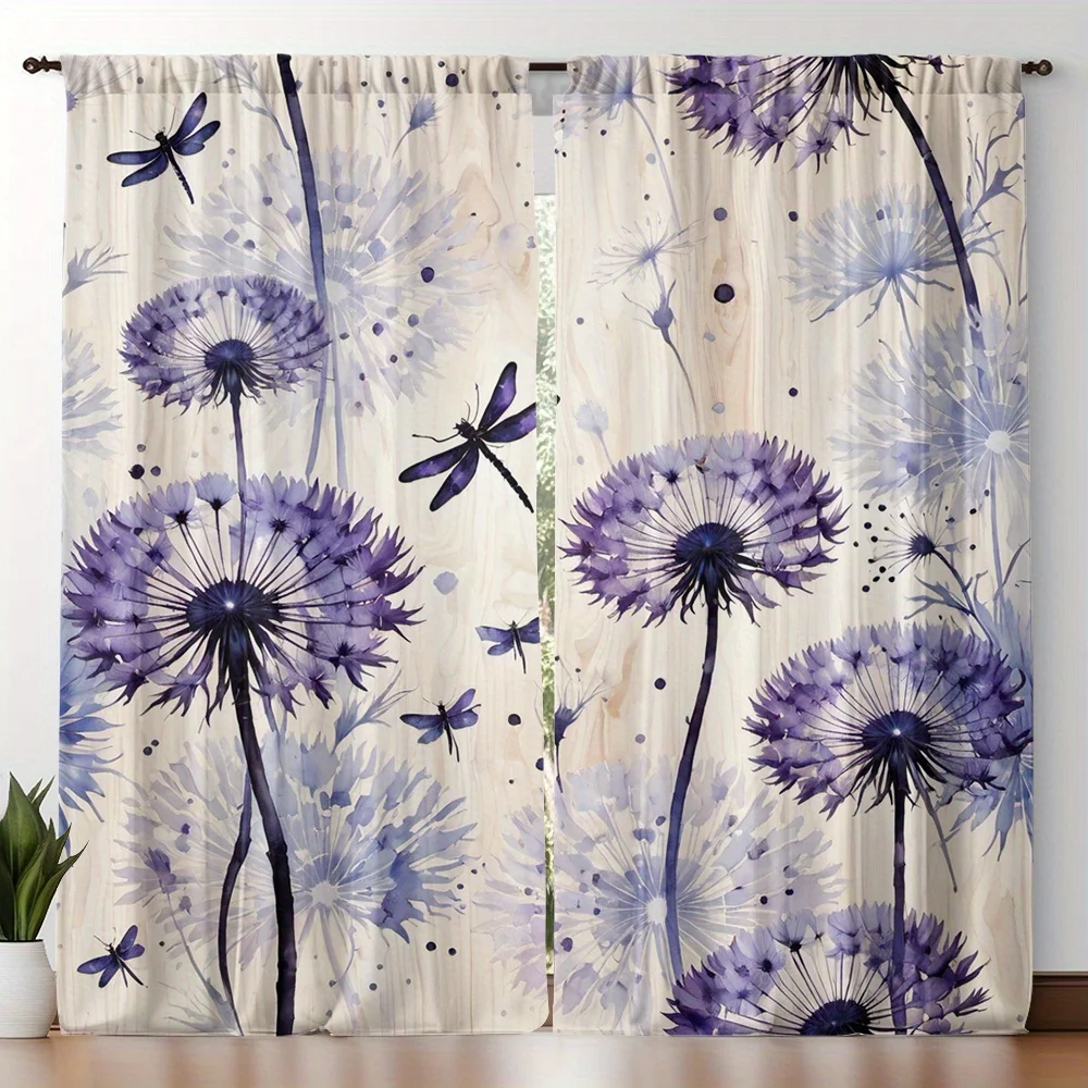 Dandelion & Dragonfly Watercolor Curtains Set of 2 Rod Pocket Semi Sheer for Living Room Bedroom Decor