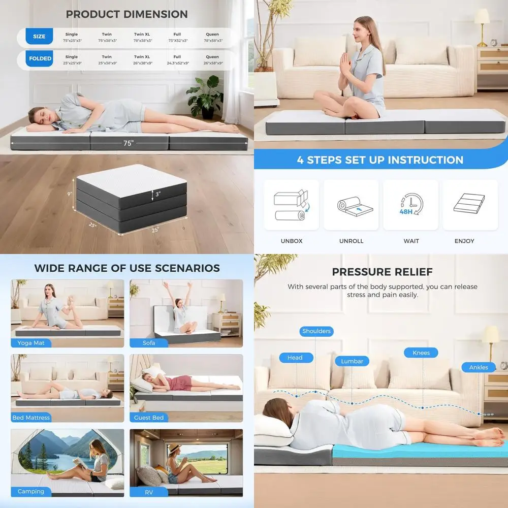 

Compact 3-Inch Memory Foam Tri-Fold Mattress with Removable Cover for Outdoor and Travel Use