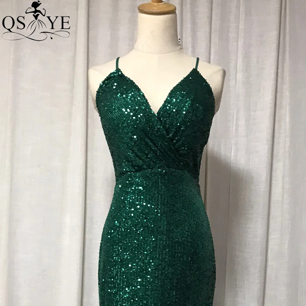 Vestidos femininos verde esmeralda, alças de ombro com espaguete, sexy com decote V, vestido de formatura, vestido de festa longo com lantejoulas, vestido formal com decote V ruched