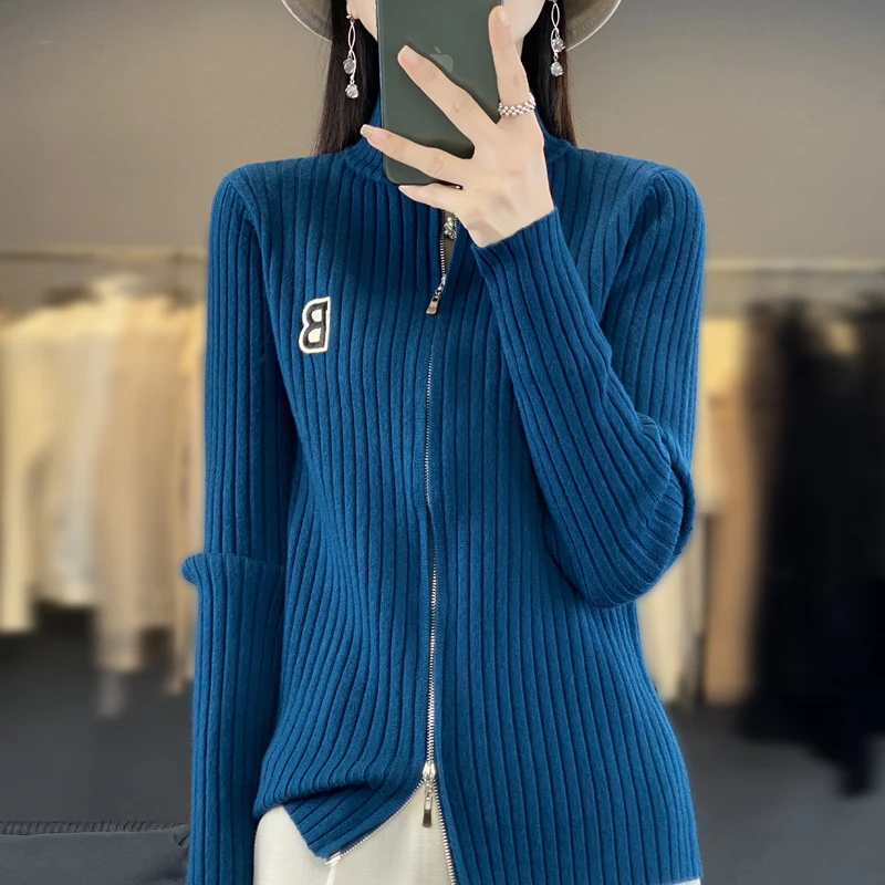 Standing collar sweater cardigan spring and summer women's outerwear design stylish and fashionable knitted top