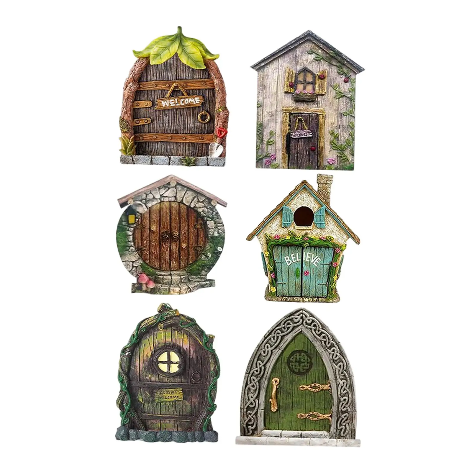 6 Pieces Miniature Fairy Tale Door DIY Accs Ornament Gifts Party Favors Wood Sculpture Figurines for Outdoor Yard Art