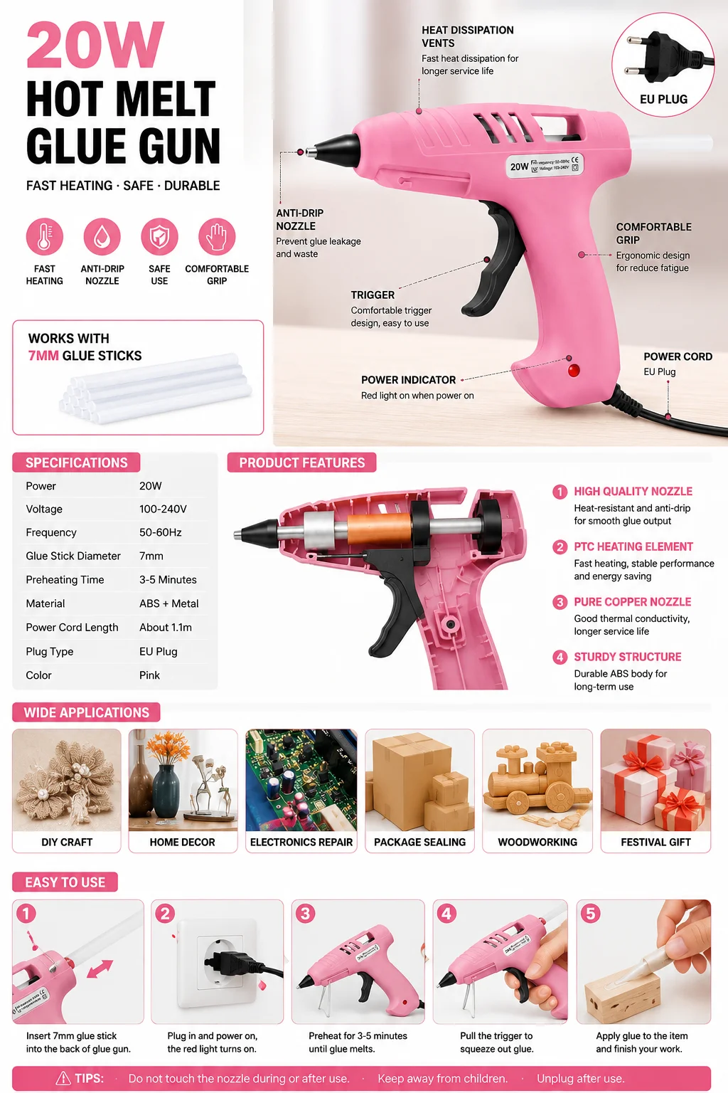 Hot Melt Glue Gun Mini Electric Heating Repair Tool DIY Industrial Household Thermo Glue Gun for 7mm Glue Sticks EU Plug