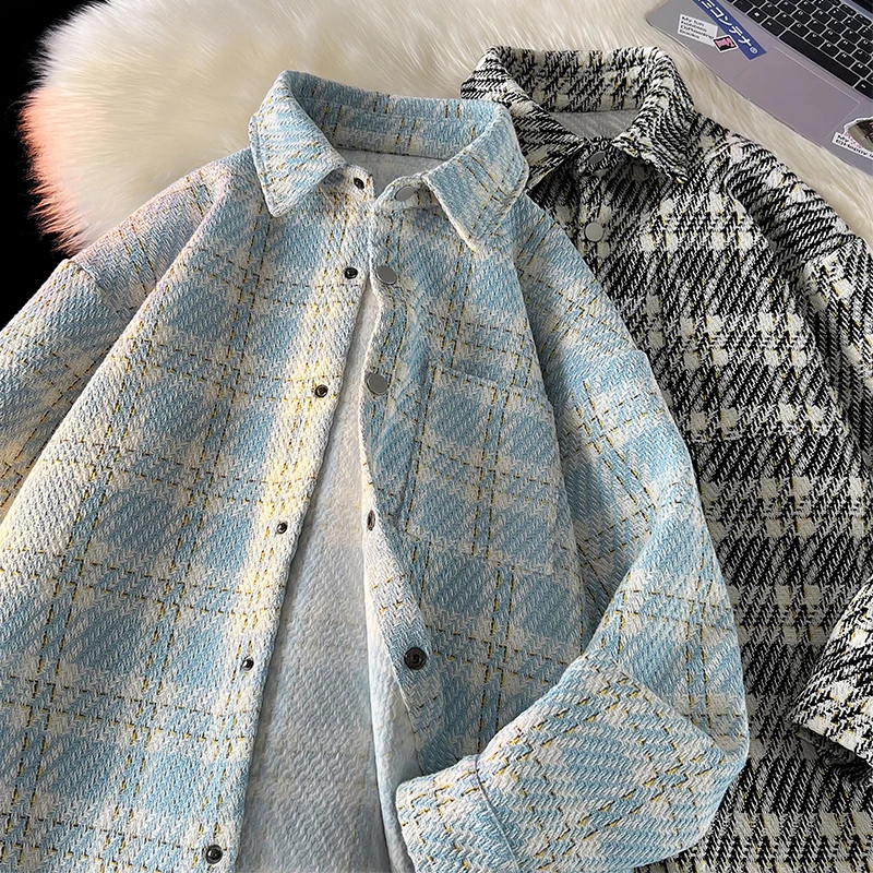 

Trendy Loose ex Plaid Chboard Pattern Spring Autumn Long Sve Light Blue Jaet Youth Sle Board Game Outerwear