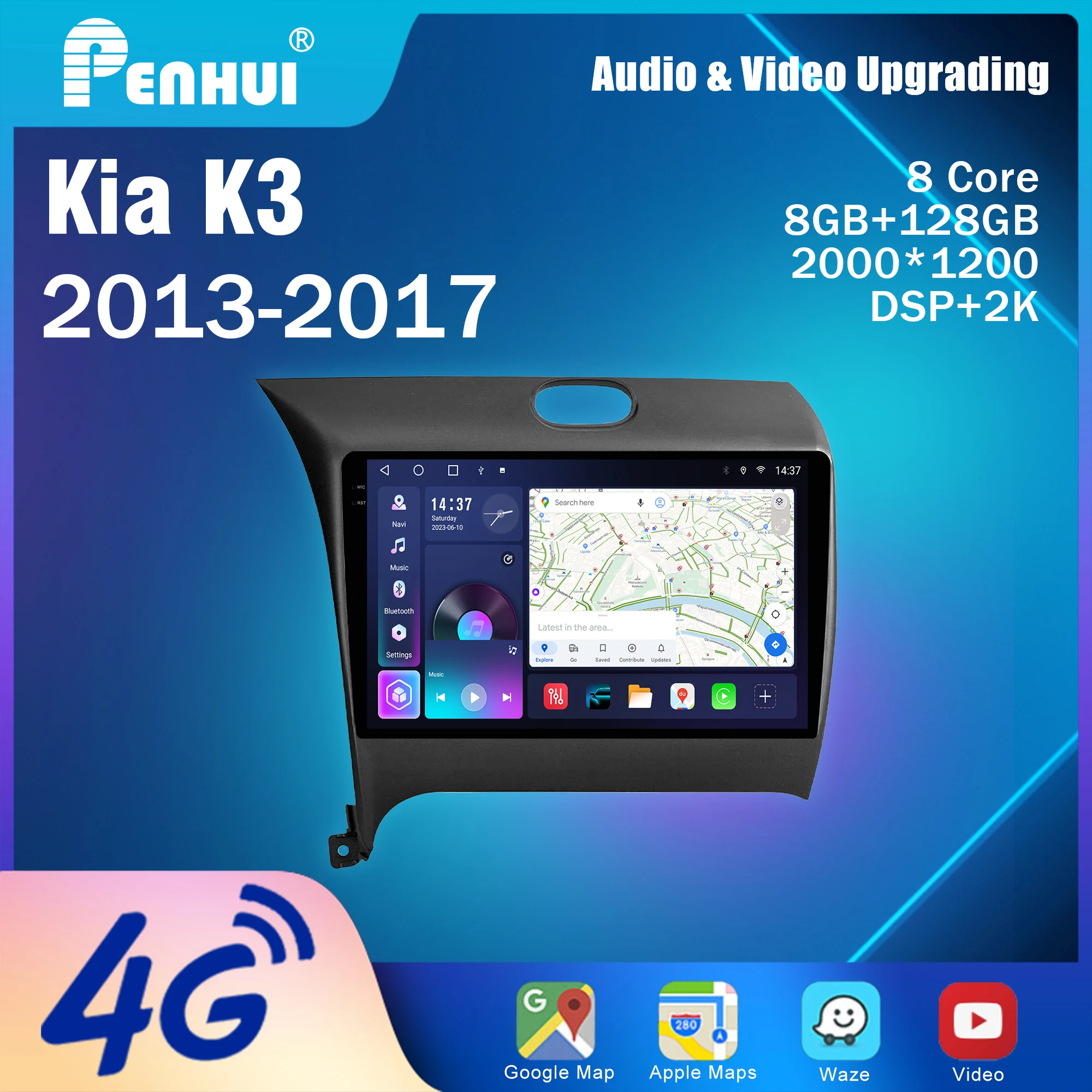 Penhui 2 Din Android Multimedia Receiver with DSP, Bluetooth, Audio & CarPlay – for Kia K3 2013-2017 Car DVD Player