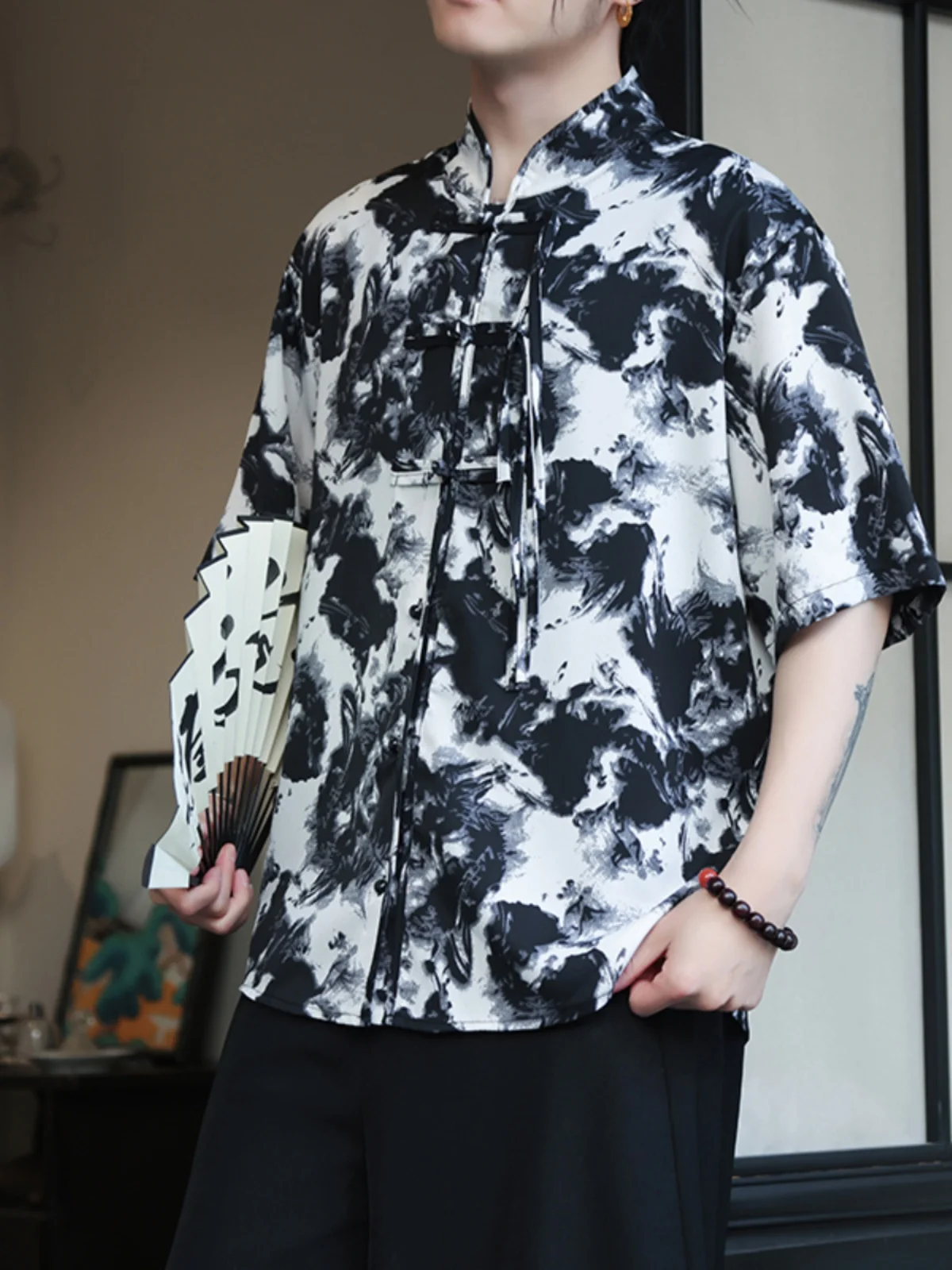 

Ice Silk Men's irt ort Sve Water-Media Dyed f Sve Summer Thin Wind Vintage Tang Costume New Chinese Sle Youth ...
