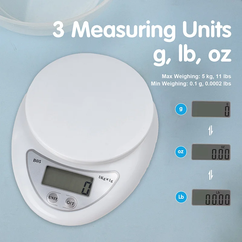 ميزان مطبخ رقمي 5 كجم، ميزان طعام دقيق مع شاشة LCD، فارغ، قاعدة غير قابلة للانزلاق، مقياس جرام/أونصة لمجوهرات الطبخ والخبز #1
