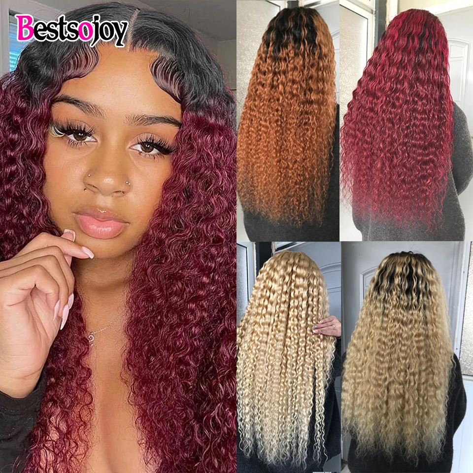 

Ombre Curly T Part Lace Human Hair Wigs T1B/99J T1B/30 Kinky Curly Wig With Baby Hair Glueless Brazilian Transparent Lace Wigs