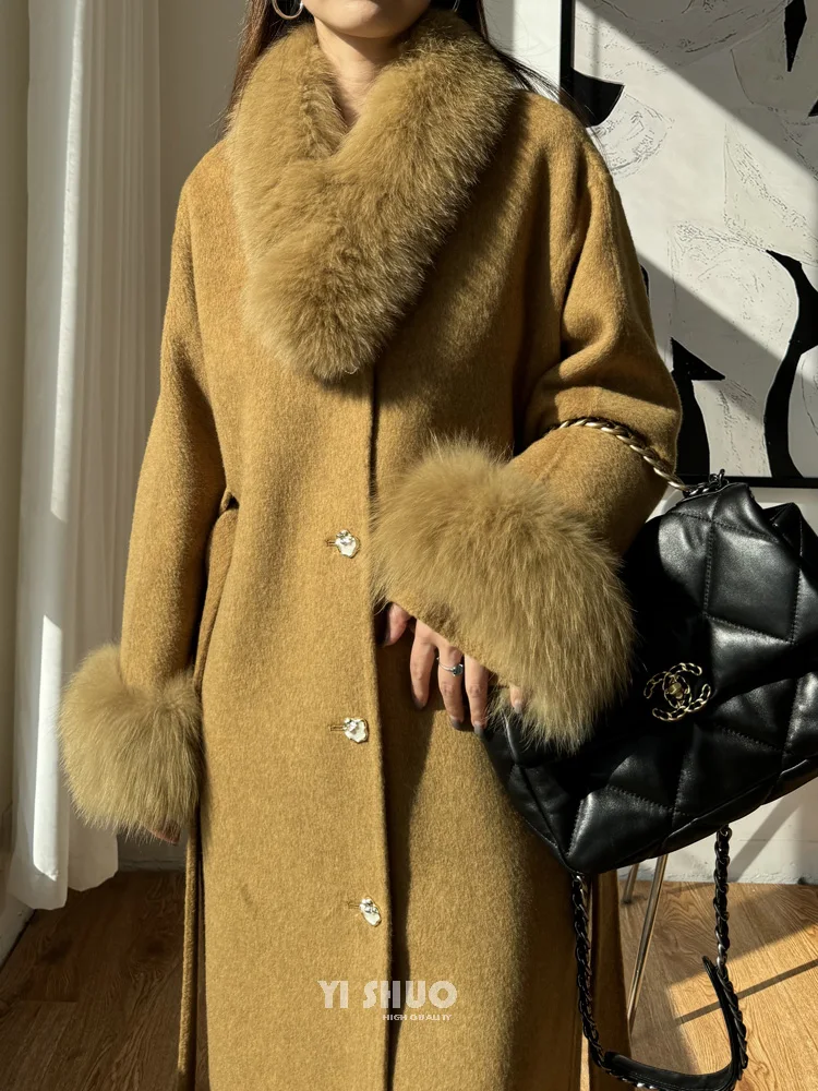 2025 Autumn Winter New High-end Removable Real Fox Fur Collar Fur Sleeve White Double-sided Wool Coat Women Long Jacket Women