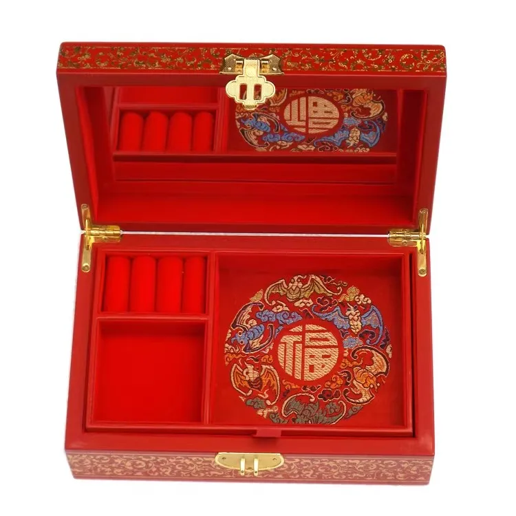 Chinese Vintage Wooden Jewelry Box Wood Trinket Box with Lock Jewelry Container for Home Table Decor CHINESE WEDDING