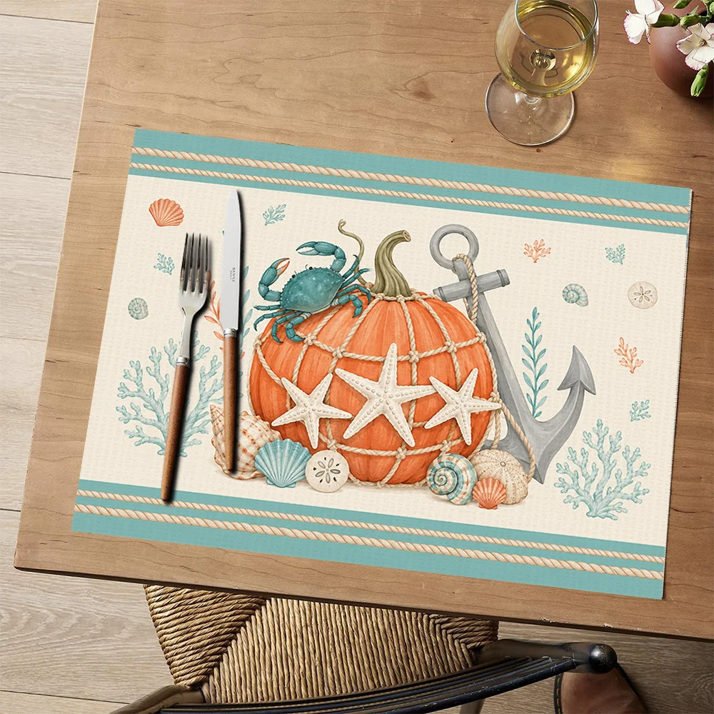 Two Pumpkins Surrounded By Leaves Pattern Placemats  Rectangular Polyester Tablecloths Suitable For Restaurant