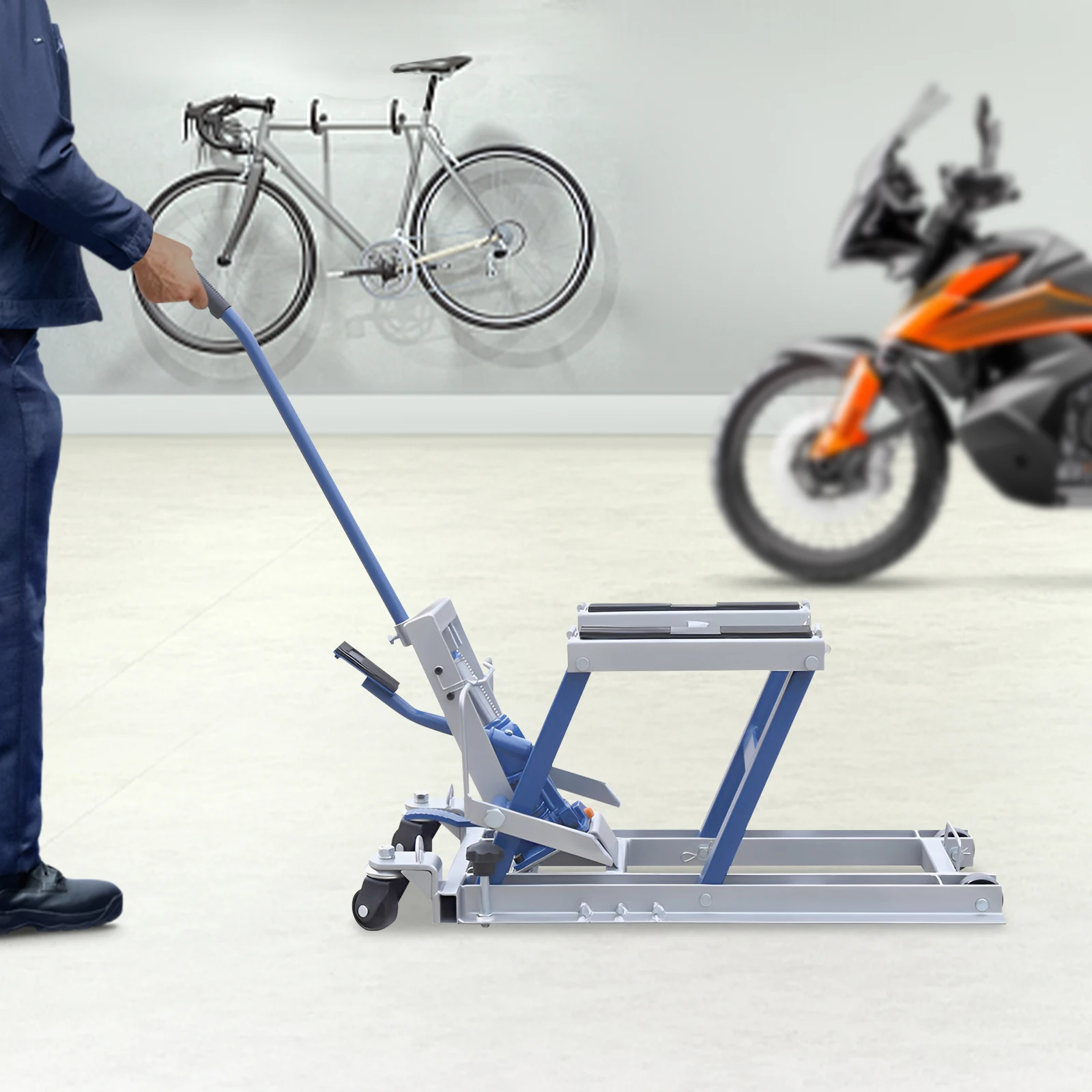 رافعة هيدروليكية للدراجة النارية 680 كجم، رافعة مقصية هيدروليكية أسطوانية حمراء/زرقاء، حامل إصلاح رافعة الدراجة، مصعد خدمة الدراجة النارية