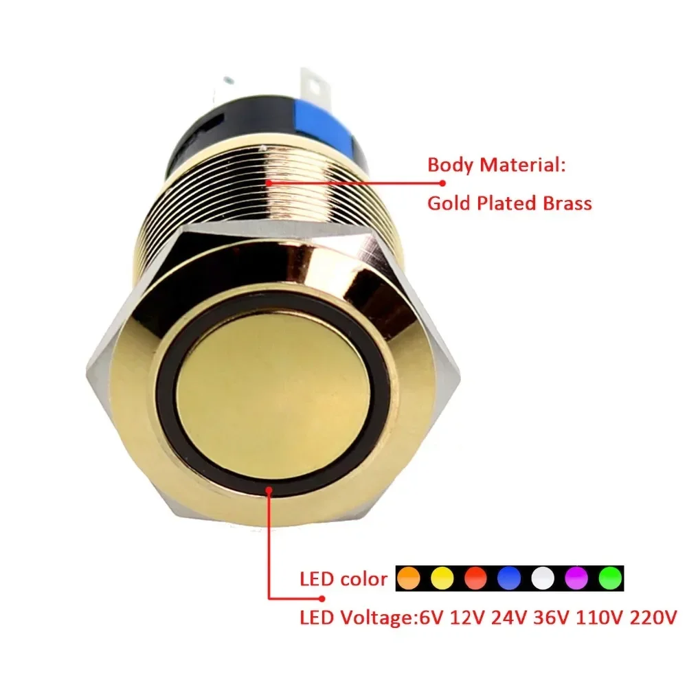 YUESHUN 19mm Gold Plated Brass Illuminated Push Button Switches Waterproof Metal LED Momentary Latching Switches