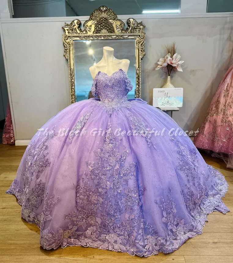 Gorgeous Lavender Purple Quinceanera Dresses Delicate Sheath Sequins Applique Card Shoulder Tie Bow Fantasy Princess Tutu