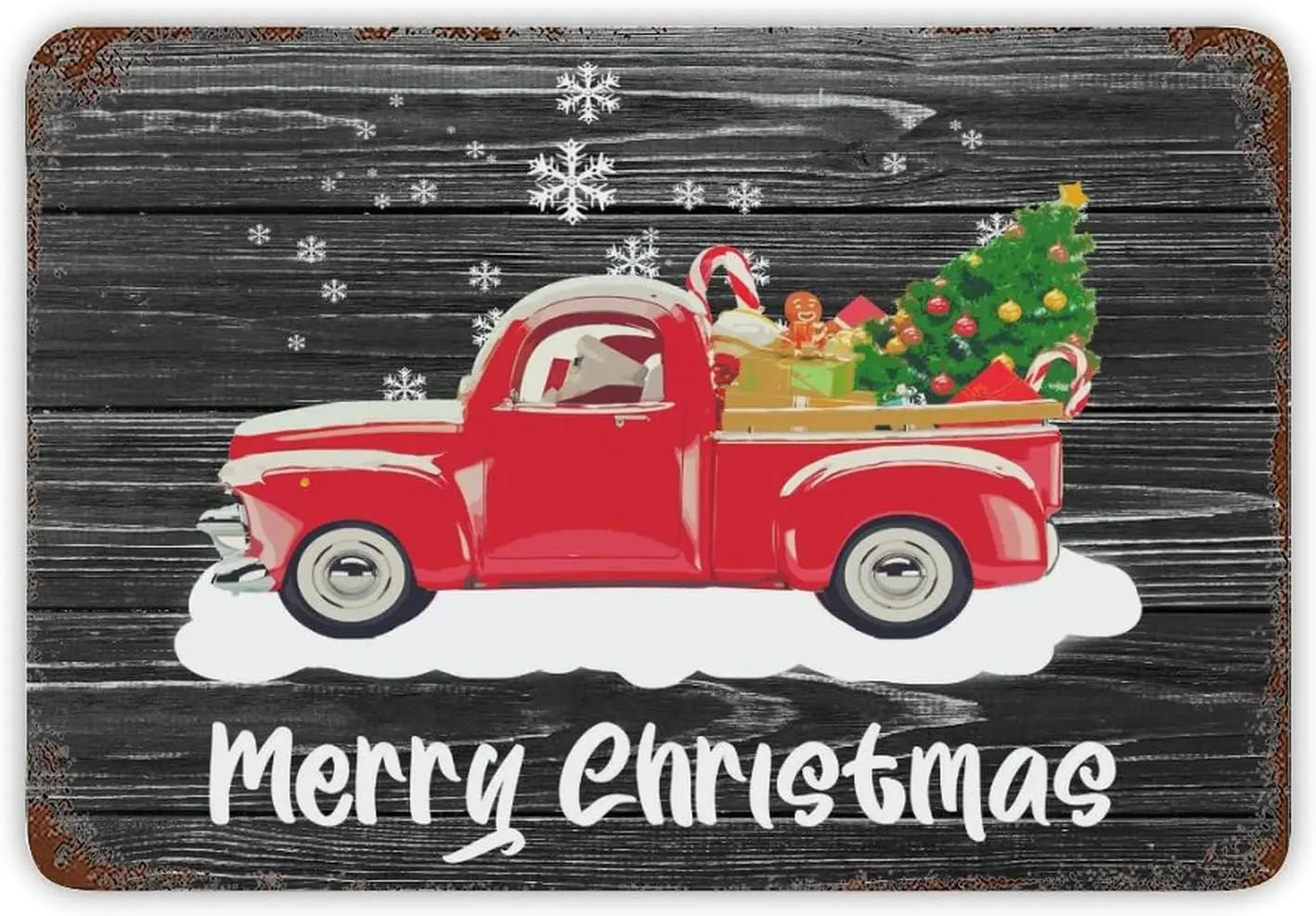 Merry Christmas Sign Winter Snowflake Tin Sign Christmas Red Truck Tree Metal Sign Vintage Wood Grain Fireplace Mantel Metal Wal