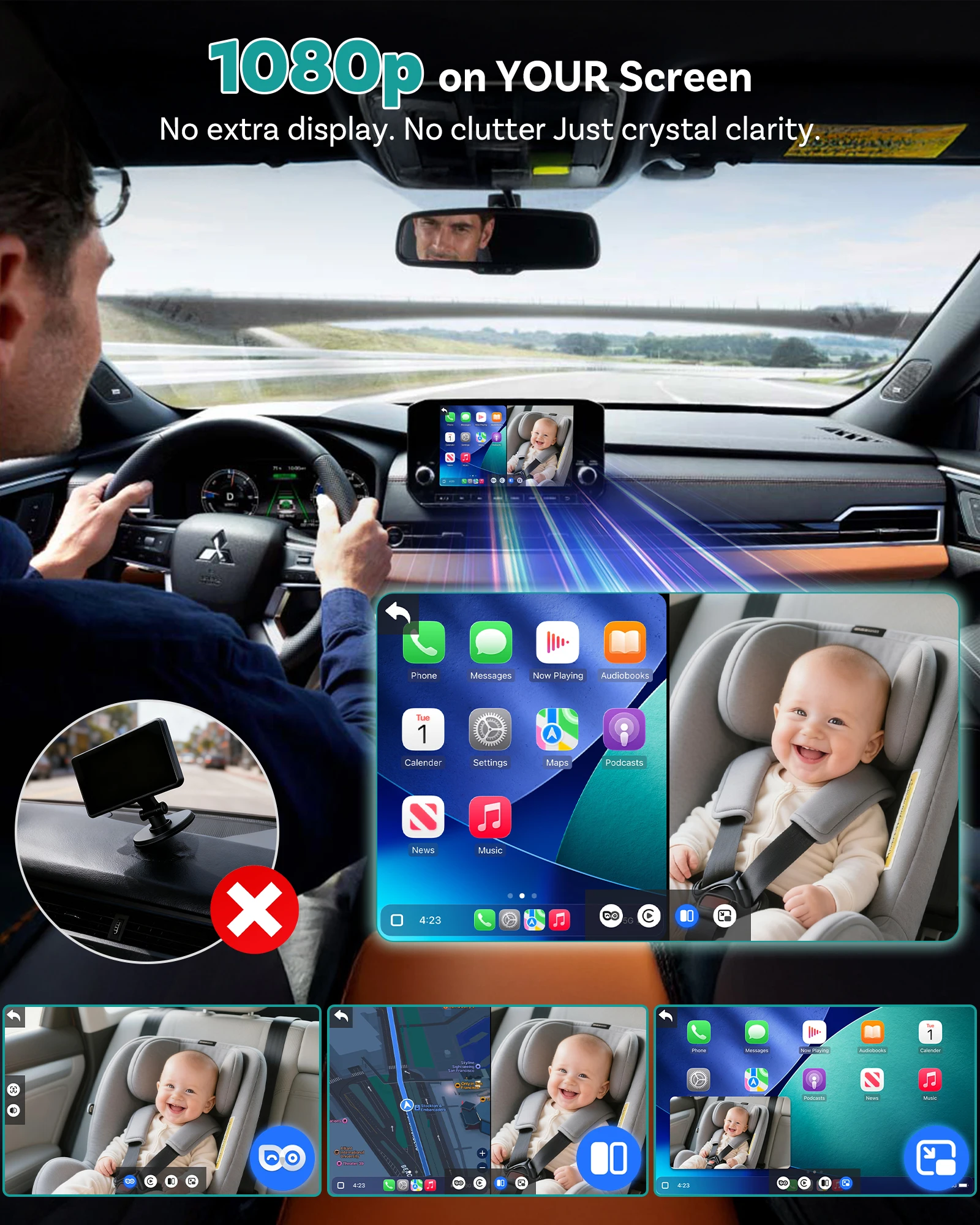 OTTOCAST Cabin Care Wired to Wireless Carplay Adapter Baby Car Camera HD 1080P 150° Wide Angle Night Vision Back‑Seat Monitor view 2