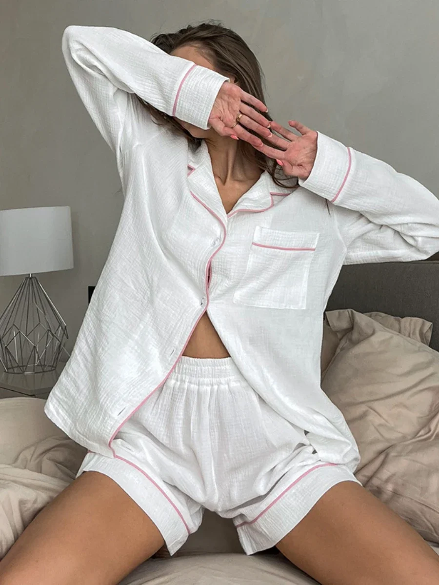 Mozuleva Solid Color Cardigan Pajama Set 100% Cotton Women's Casual Long Sleeved Shorts Home Wear Fashion Soft 2-Piece Set