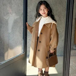 Winter New Teen Girls Woollen Jacket Long Style Warm Spring Hooded Single-Breasted Windbreaker For 5-14Y Kids Fashion Overcoat